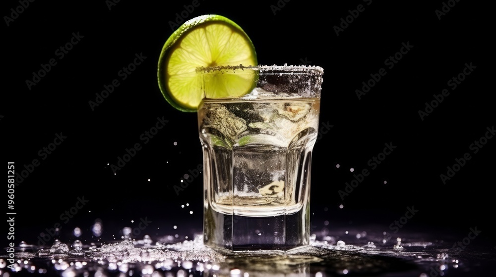 Tequila shot glass with lime on dark background. Neural network ai generated art Tequila shot glass with lime on dark background. Neural network ai generated art
