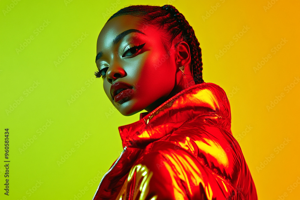 Bold Woman in Metallic Red Jacket with Solid Neon Green Background Trendsetting Portrait Bold Woman in Metallic Red Jacket with Solid Neon Green Background Trendsetting Portrait