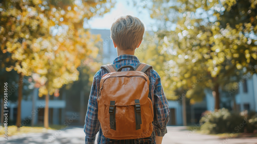 A child walks towards a sunny campus pathway lined with autumn trees while carrying a backpack on a crisp afternoon A child walks towards a sunny campus pathway lined with autumn trees while carrying a backpack on a crisp afternoon