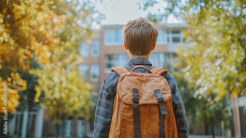 A child walks towards a sunny campus pathway lined with autumn trees while carrying a backpack on a crisp afternoon