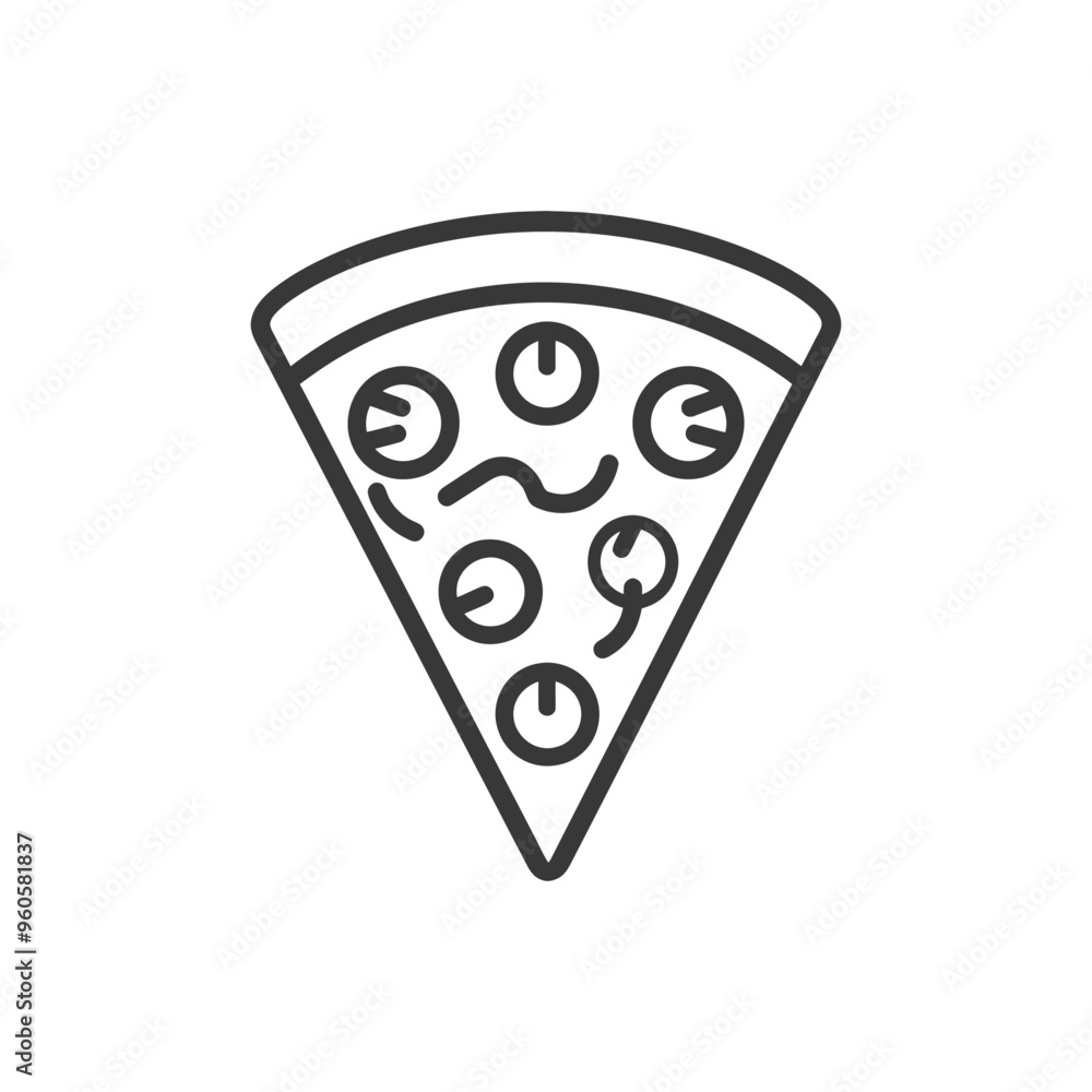Line art illustration of a slice of pizza with toppings Line art illustration of a slice of pizza with toppings