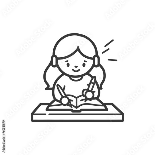 Girl Writing in a Book with Pens and a Happy Expression