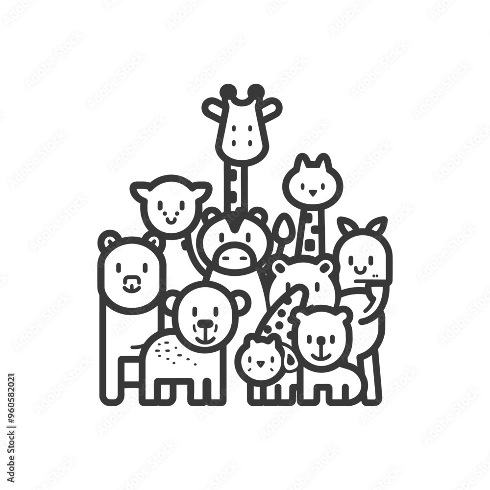 Naklejka premium Group of Adorable Cartoon Animals in Line Art Style