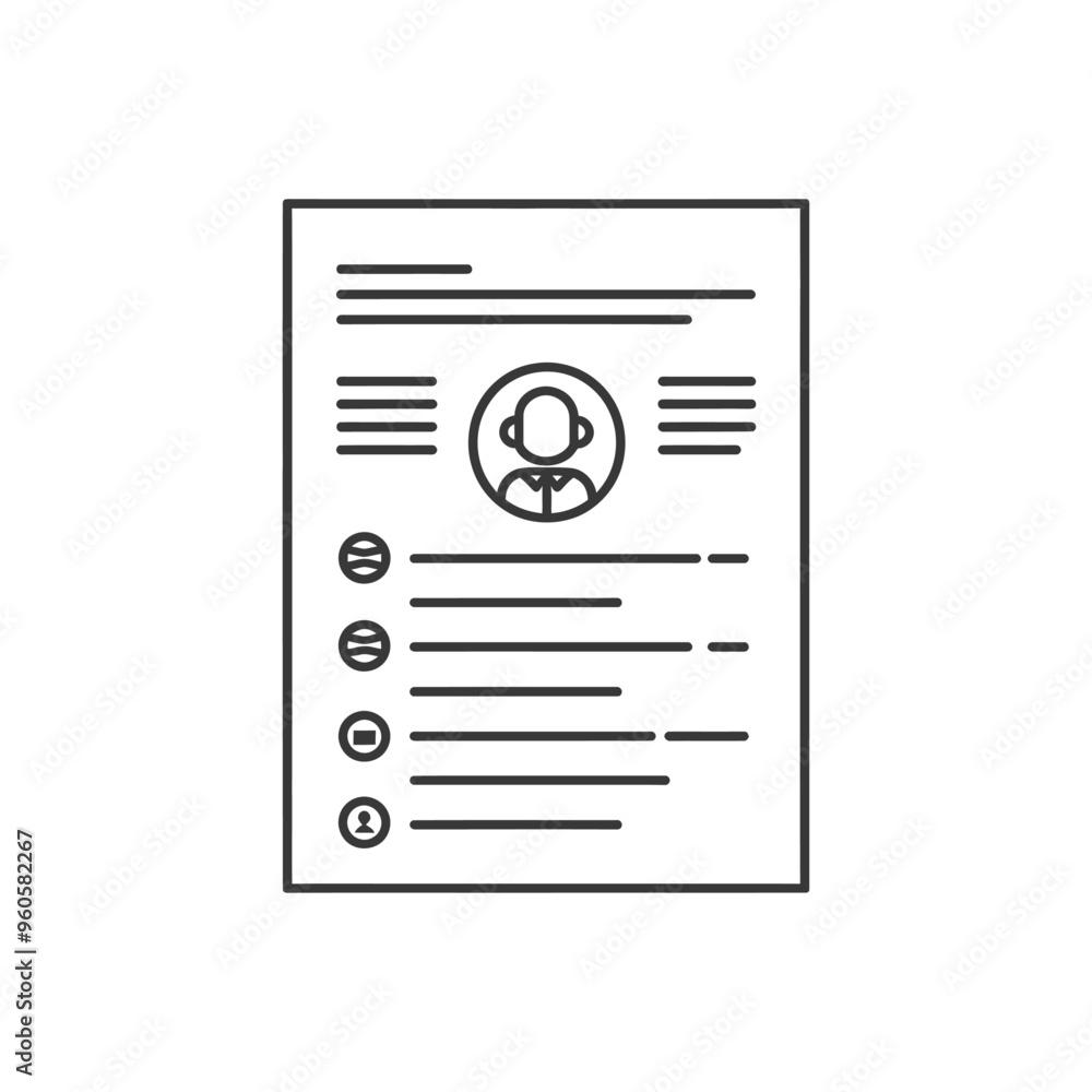 Line art illustration of a resume document with a profile picture Line art illustration of a resume document with a profile picture