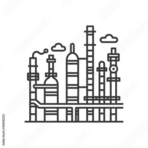 Line art illustration of a refinery with smoke and clouds