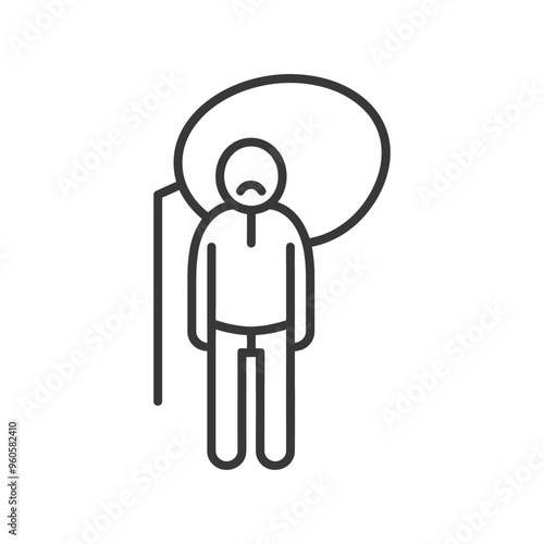 Line art illustration of a sad person standing with a thought bubble