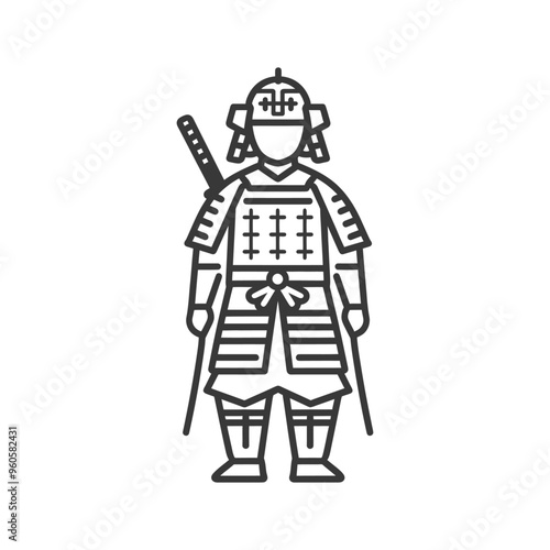 Line art illustration of a samurai in armor with a katana