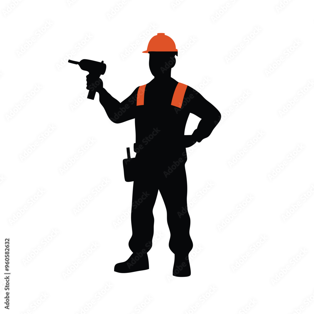 a man in construction worker costume carrying drill power tool. vector illustration silhouette, a man in construction worker costume carrying drill power tool. vector illustration silhouette,