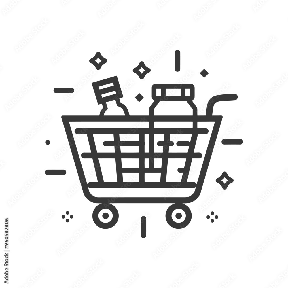 Line Art Illustration of a Shopping Cart with Bottles Line Art Illustration of a Shopping Cart with Bottles