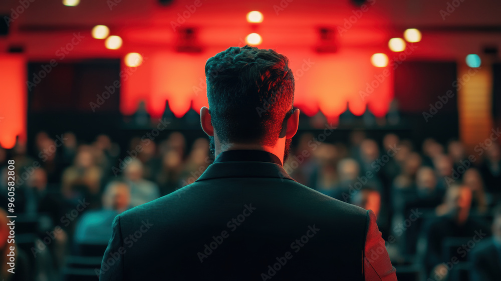 Rear View of Businessman Speaking to Audience in Red-Lit Conference Room – Professional Presentation at Corporate Event, Leadership and Motivational Speaking Concept Rear View of Businessman Speaking to Audience in Red-Lit Conference Room – Professional Presentation at Corporate Event, Leadership and Motivational Speaking Concept