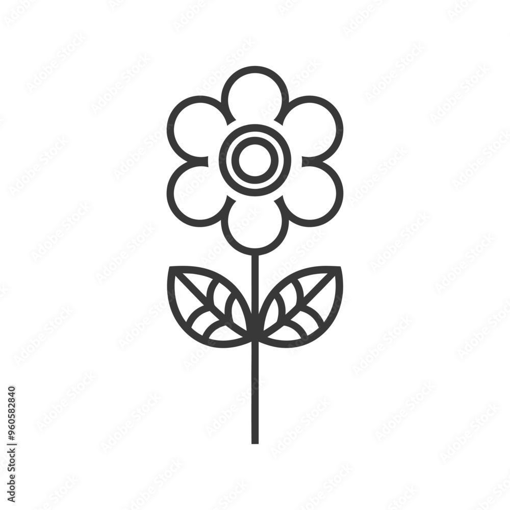 Line Art Illustration of a Simple Flower with Two Leaves Line Art Illustration of a Simple Flower with Two Leaves