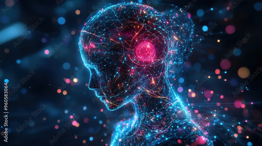 Futuristic Holographic Robot with Glowing Patterns and AI Intelligence Symbolized by Interconnected Lines Futuristic Holographic Robot with Glowing Patterns and AI Intelligence Symbolized by Interconnected Lines