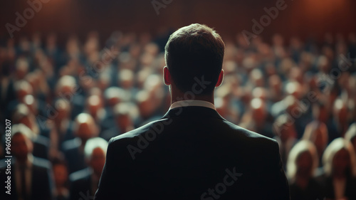 Rear View of Business Professional Delivering Presentation to Large Audience in Conference Hall – Speaker Addressing Crowd at Corporate Event, Leadership and Public Speaking Concept