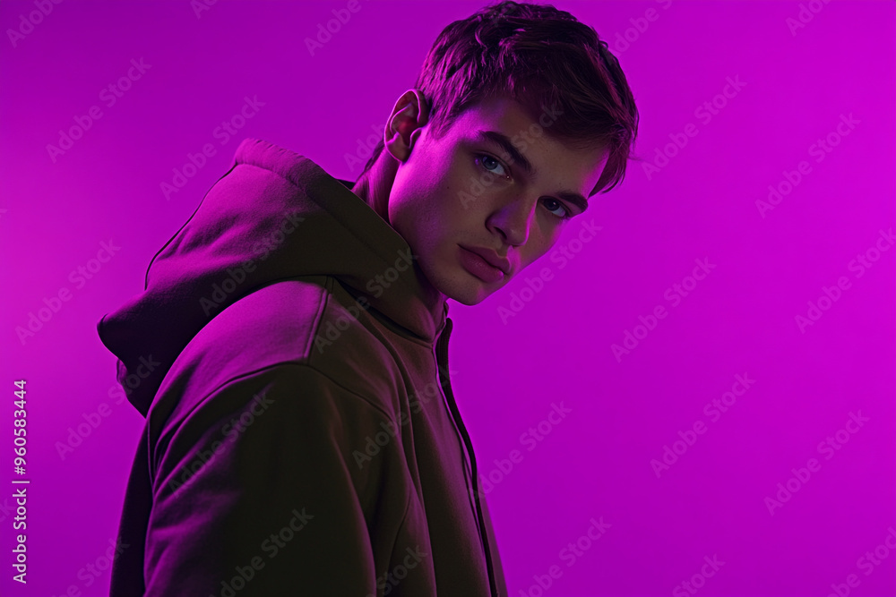 Bold Men in Olive Green Hoodie with Solid Neon Purple Background Trendsetting Portrait Bold Men in Olive Green Hoodie with Solid Neon Purple Background Trendsetting Portrait