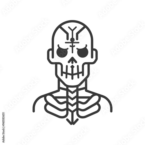 Line art illustration of a skull with a cross on its forehead