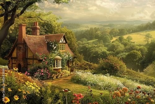 Enchanting Cottage Amidst Floral Splendor and Green Hills