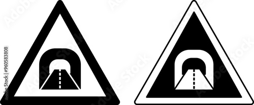 Tunnel Signs. Warning Road Signs. Black and White Vector Icons