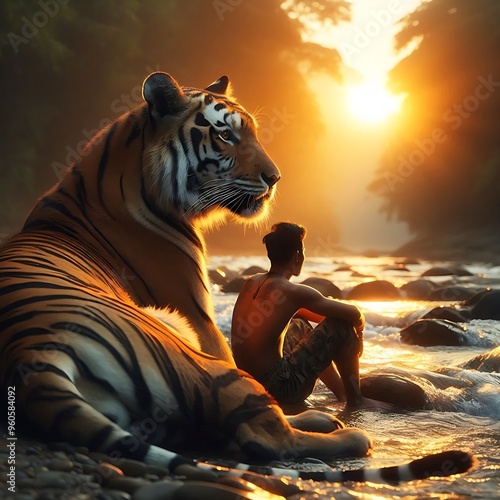 A tiger and a man together near a river