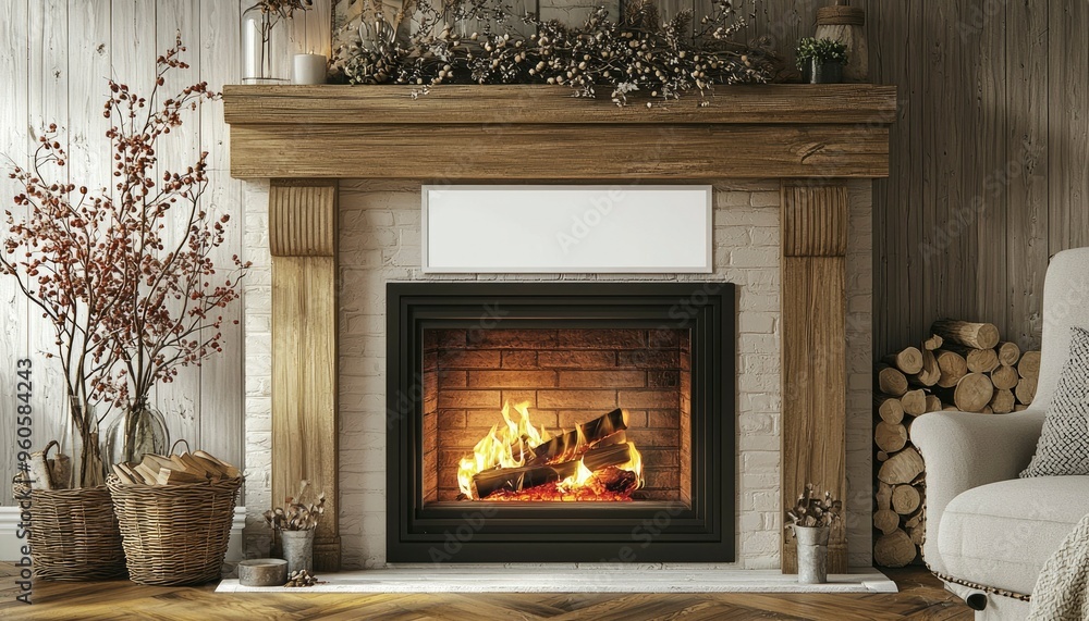 Cozy Fireplace with Burning Fire and Rustic Decor Cozy Fireplace with Burning Fire and Rustic Decor