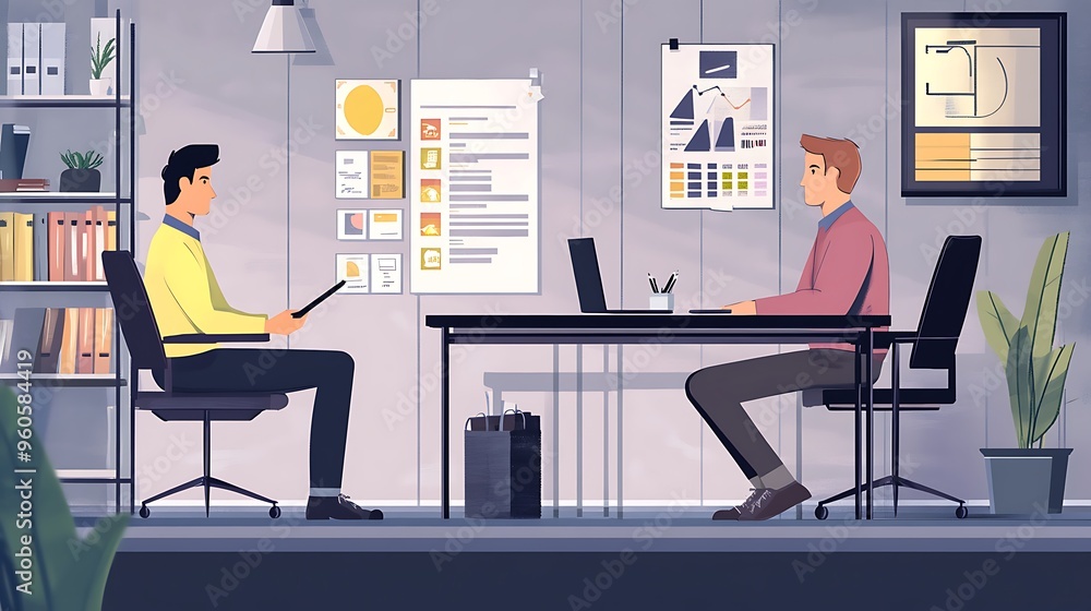 Business Meeting in Modern Office with Two Men Discussing a Project Business Meeting in Modern Office with Two Men Discussing a Project