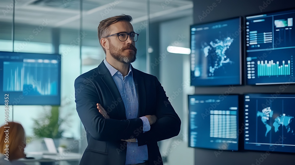 Confident Businessman Standing in Front of Data Monitors Confident Businessman Standing in Front of Data Monitors