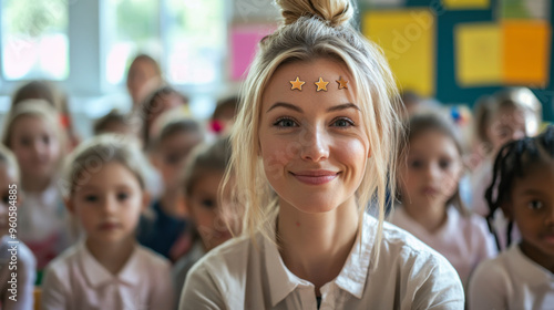 A smiling teacher wearing a star sticker sits in front of her class of engaged students during a bright day in the classroom