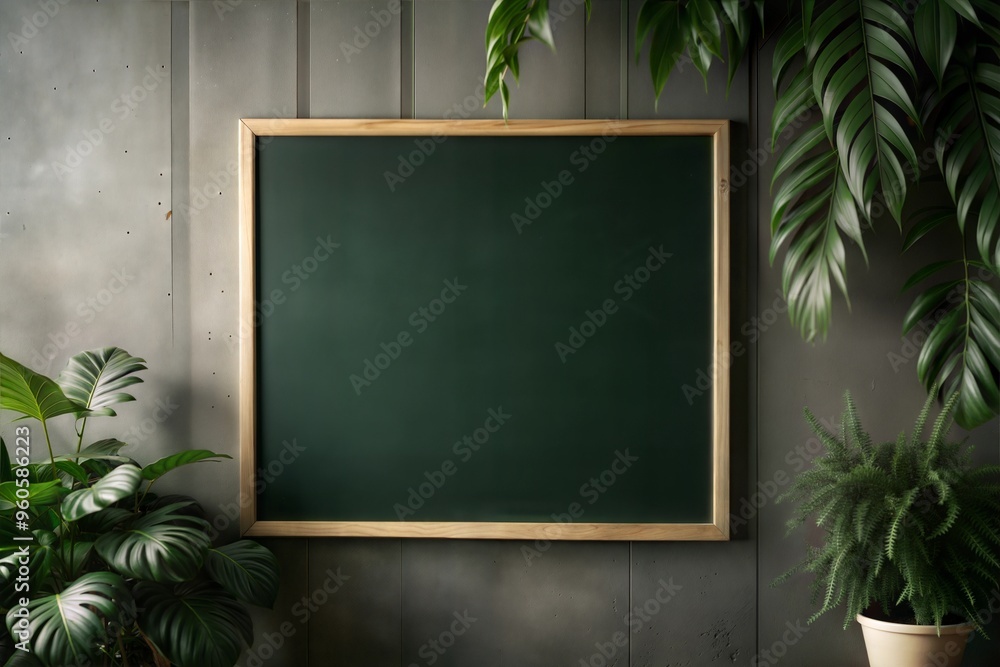 Green chalkboard with plants and concrete wall Green chalkboard with plants and concrete wall