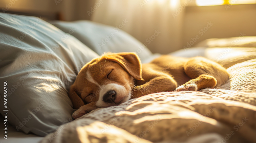 Obraz premium A peaceful beagle puppy napping on a cozy bed in soft morning light at home during a quiet afternoon