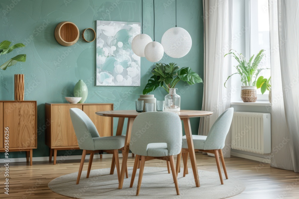 Fototapeta premium A green and white room with a wooden table and chairs, generative ai image