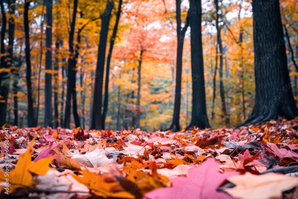 Golden, crimson, and orange leaves carpet the ground of a tranquil forest, inviting visitors to explore the natural beauty of autumn's arrival Golden, crimson, and orange leaves carpet the ground of a tranquil forest, inviting visitors to explore the natural beauty of autumn's arrival