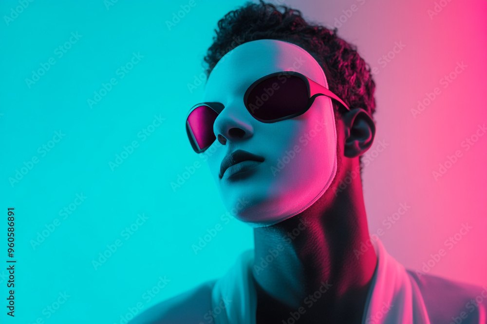 Stylish Men in Light Gray Face Mask with Solid Neon Teal Background Bold Lifestyle Portrait Stylish Men in Light Gray Face Mask with Solid Neon Teal Background Bold Lifestyle Portrait