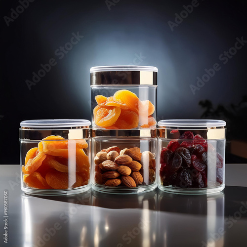 a group of containers with different fruits on a table.