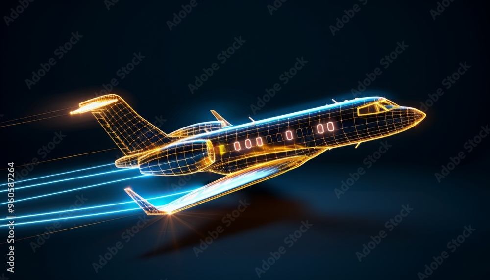 Digital plane in low poly wireframe design, future logistics intelligent aviation technology and flight management systems, flight paths and enhancing aerodynamic performance. safe air travel. Digital plane in low poly wireframe design, future logistics intelligent aviation technology and flight management systems, flight paths and enhancing aerodynamic performance. safe air travel.