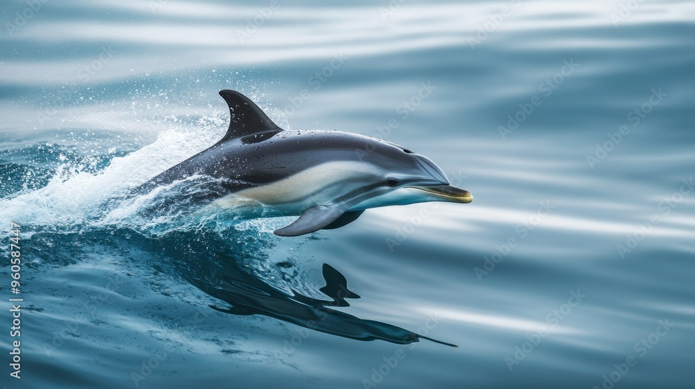 Fototapeta premium A close-up of a dolphin dorsal fin cutting through the water as it swims at high speed.