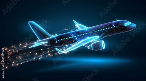 Digital plane in low poly wireframe design, future logistics intelligent aviation technology and flight management systems, flight paths and enhancing aerodynamic performance. safe air travel.