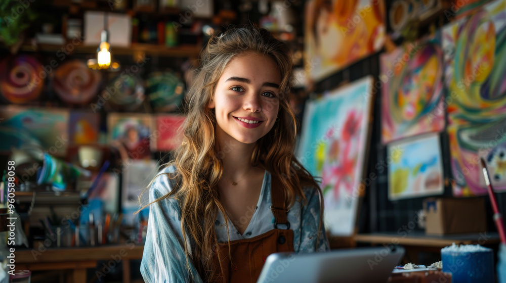 Young artist smiling confidently in an art studio filled with colorful paintings and creative tools Young artist smiling confidently in an art studio filled with colorful paintings and creative tools