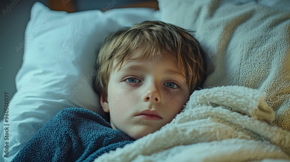 Close-up of a sick child in bed, highlighting health problems in children, soft focus Close-up of a sick child in bed, highlighting health problems in children, soft focus