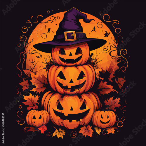 Spooky Stack of Carved Pumpkins with Witch Hat and Moon