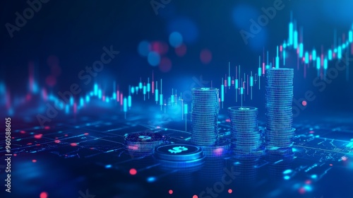 Digital stock exchange trading. Investment candle sticks and dollar coins in blue modern abstract polygonal style with 3D effect on the technological background. Low poly wireframe vector illustration