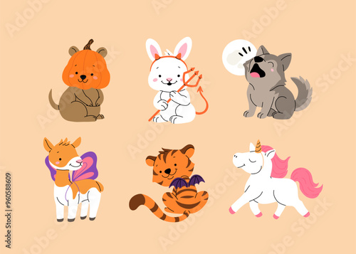 Happy Halloween day cute animal vector. Cartoon collection of animals with halloween costumes, pumpkin, imp, wings, unicorn. Adorable animal characters in autumn festival