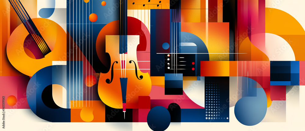Abstract vector design with overlapping musical instruments, bold geometric forms, vibrant tones, layered elements, artistic expression Abstract vector design with overlapping musical instruments, bold geometric forms, vibrant tones, layered elements, artistic expression