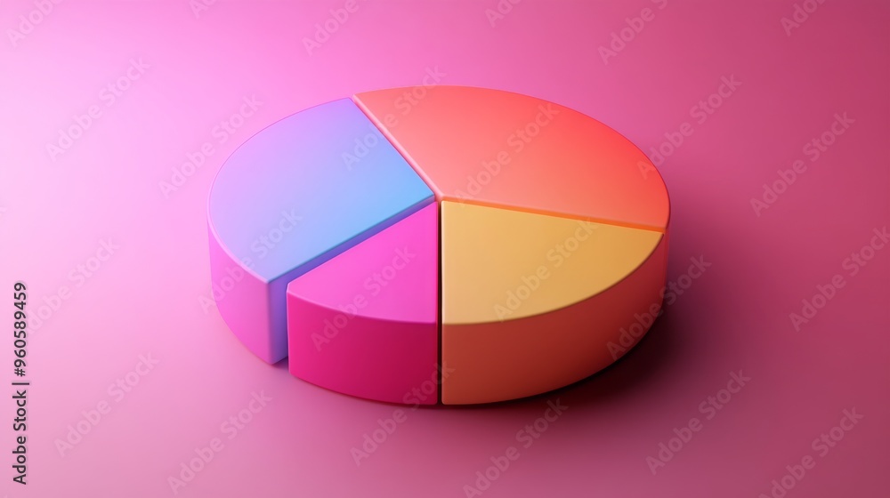 Obraz premium A visually appealing 3D pie chart with vibrant gradient lighting, displaying three distinct segments, on a smooth, pink background creating a striking presentation.