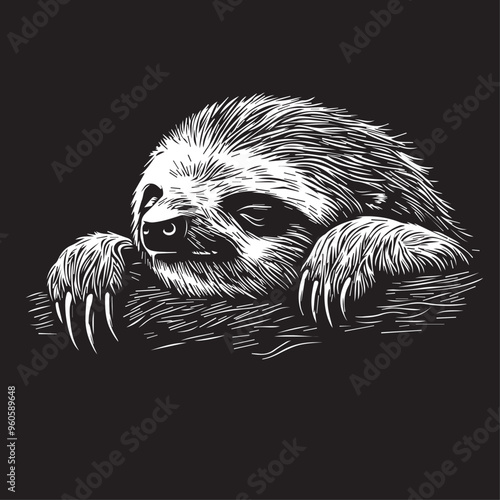 Lazy sloth in cartoon, doodle style . Image for t-shirt, web, mobile apps and ui. Isolated 2d vector illustration in logo, icon, sketch style, Eps 10, black and white. AI Generative