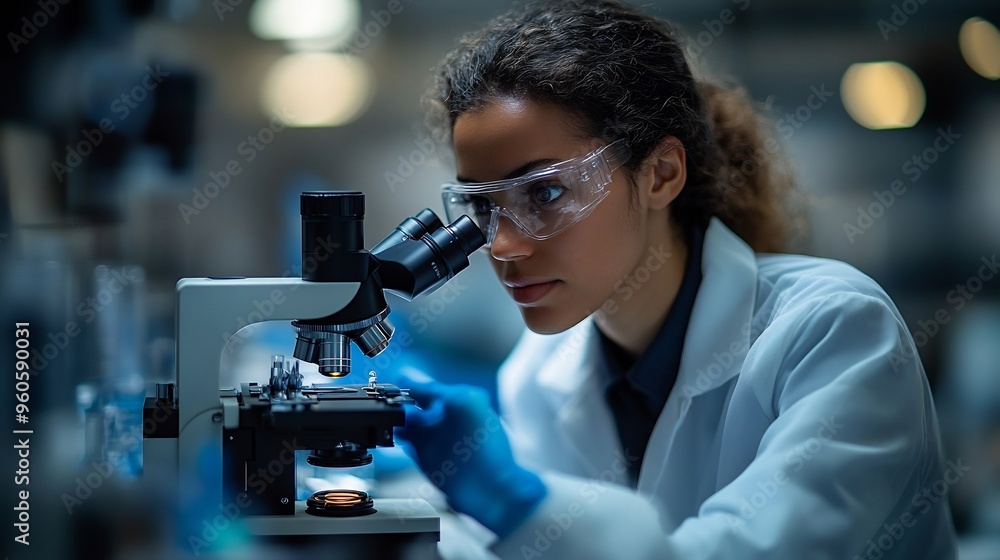 Scientist observing the CRISPR geneediting process under a microscope in a genetic lab Scientist observing the CRISPR geneediting process under a microscope in a genetic lab