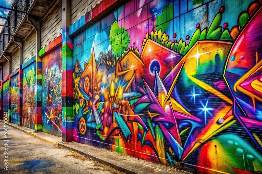 Fototapeta premium urban landscape, urban art, self-expression, Graffiti art of vibrant colors spray painted on a rough concrete wall showcasing urban creativity and self expression