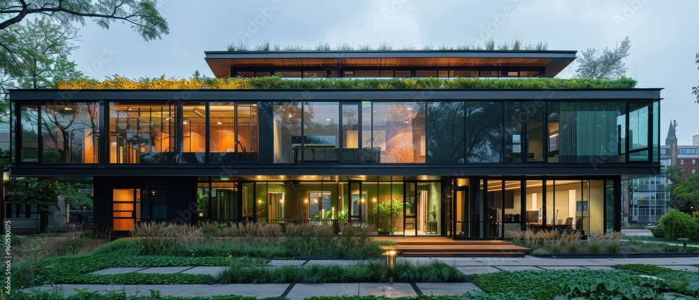 Obraz premium Modern Urban Architecture: Office Building with Eco-Friendly Green Roof