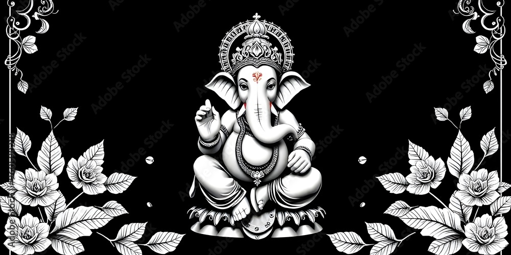 Fototapeta premium Ornate Floral Illustration of Lord Ganesha in Black and White
