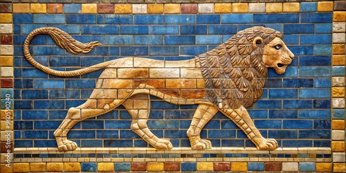 lion sculpture, brown, Ishtar Gate, art, decorative, Ancient Babylon, blue, cultural, vibrant, Lion mosaic from Ishtar Gate Ancient Babylon in the Pergamon Museum High Angle