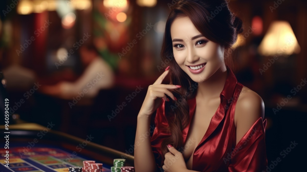 Asian young woman in luxury dress in casino interior. Neural network ai generated art Asian young woman in luxury dress in casino interior. Neural network ai generated art