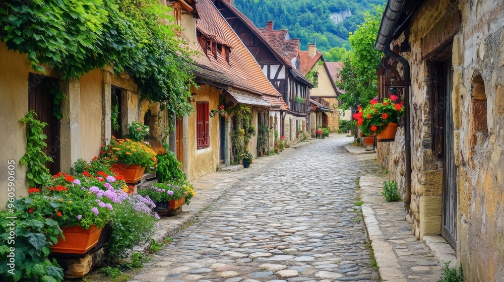 A cobblestone road in an old European village, lined with charming, historic buildings and colorful flowers in window boxes. A cobblestone road in an old European village, lined with charming, historic buildings and colorful flowers in window boxes.